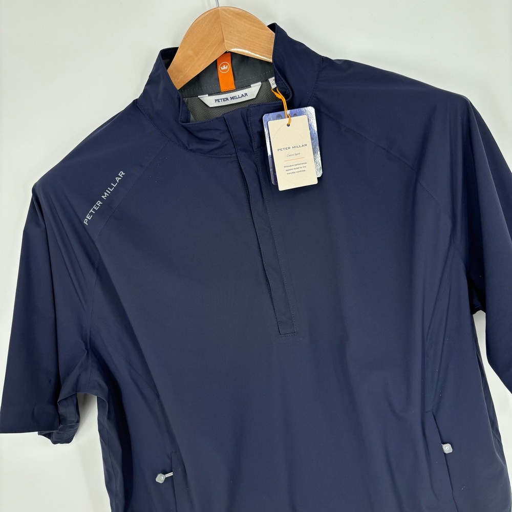 Peter Millar Shield Short Sleeve Rain Shell Golf Jacket Mens M Navy Blue 1/2 Zip